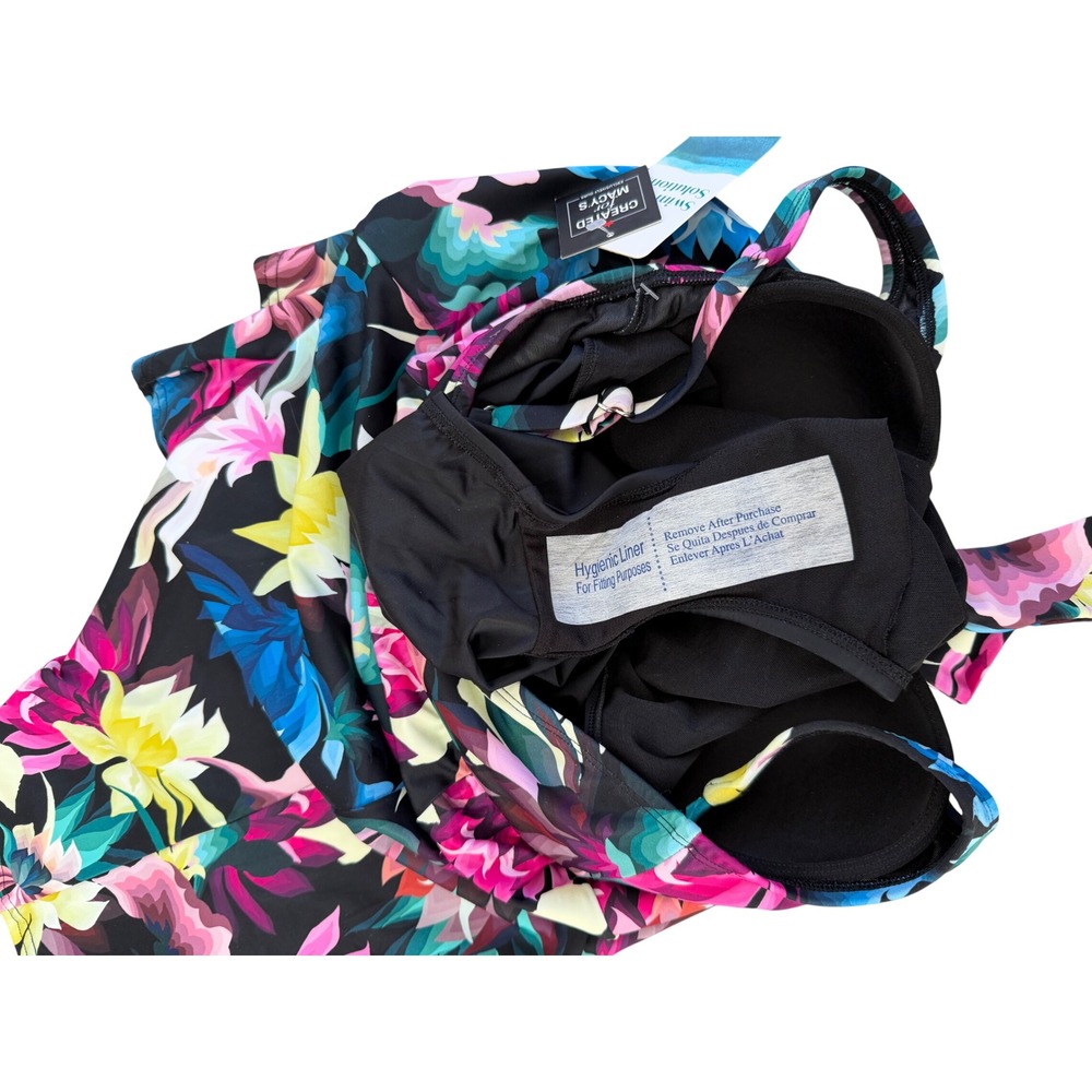Swim Solutions Floral V-Neck Tie-Front Swimdress Black Pink Blue Beach‎ Size 8 - Picture 7 of 7